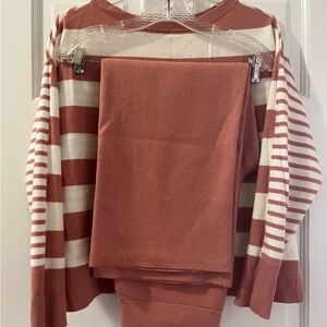 Striped Sweater and Pants Set - Pink and White